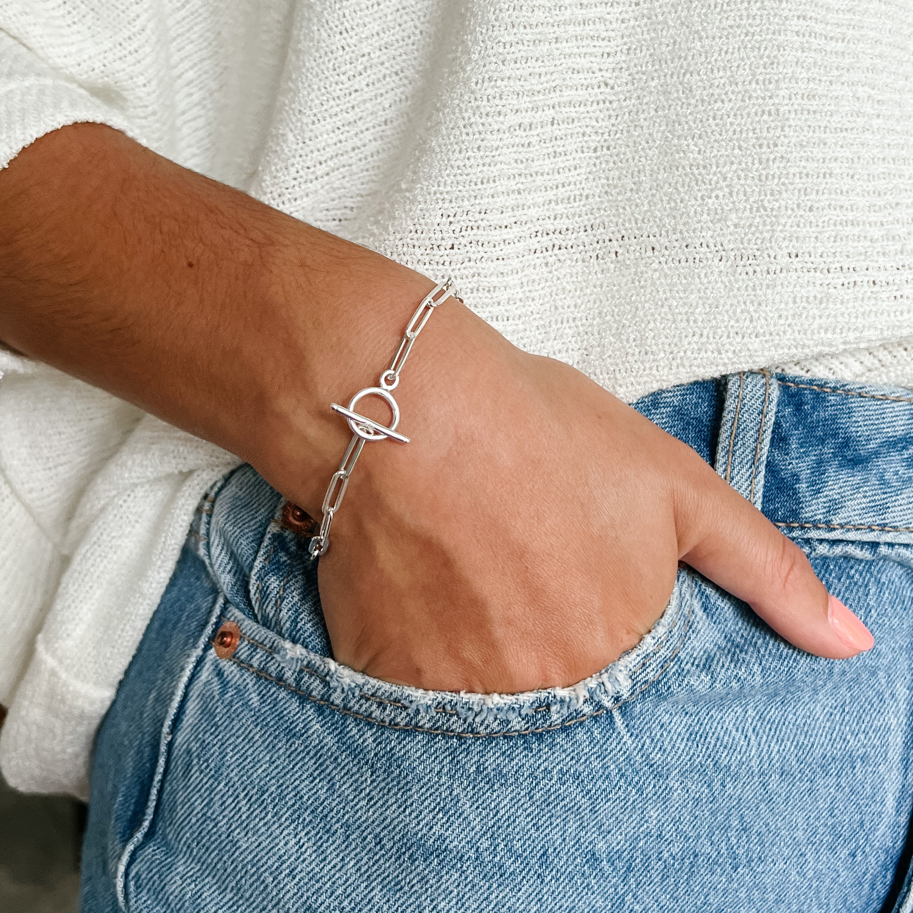 Sterling Silver Paper-clip Chain Bracelet with Toggle Clasp